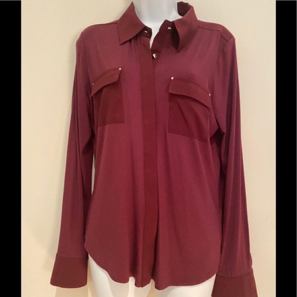 NWOT, WHBM Burgundy Long-Sleeve Blouse, Med